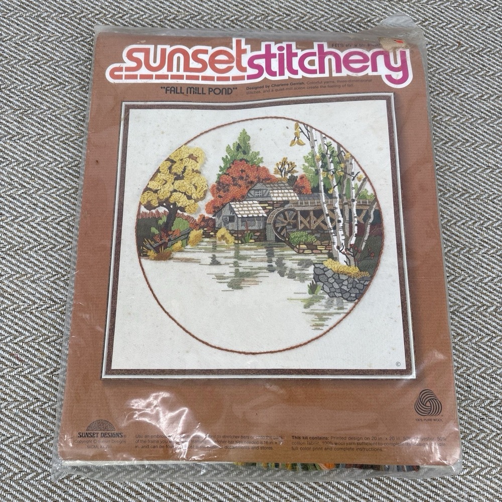 Sunset Stitchery Fall Mill Pond Embroidery Kit #2473 NOS Vintage